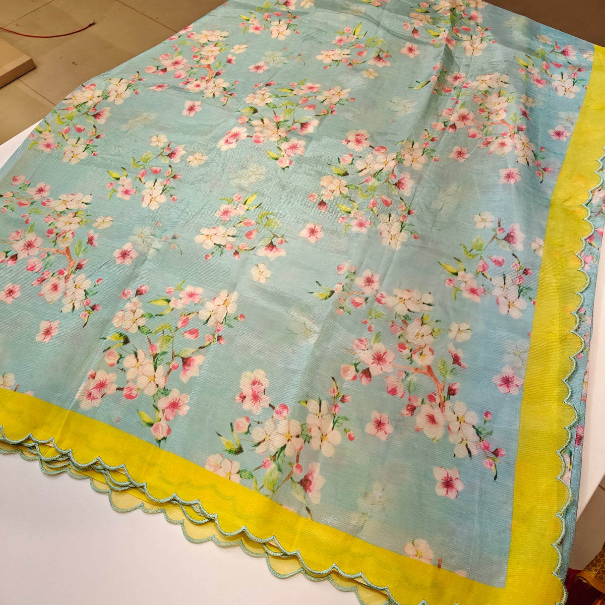 Light blue mangalagiri digital print scalop border