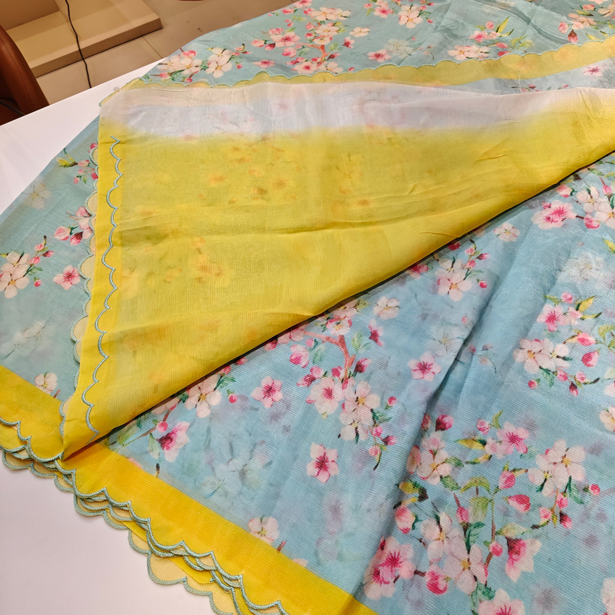Light blue mangalagiri digital print scalop border