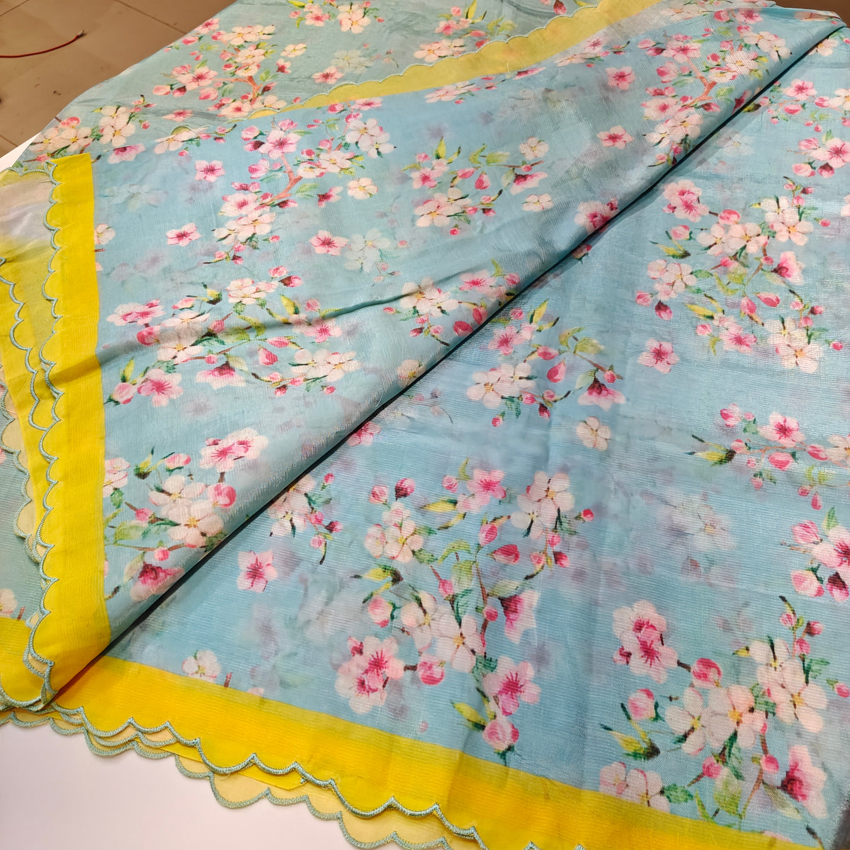 Light blue mangalagiri digital print scalop border