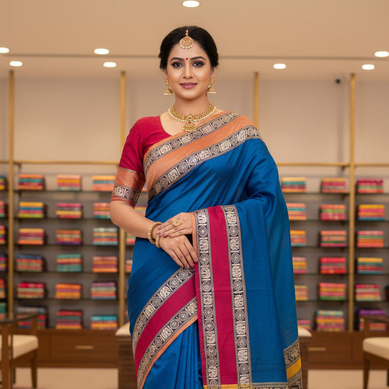 Peacock blue pure handloom narayanpet ganga jamuna border