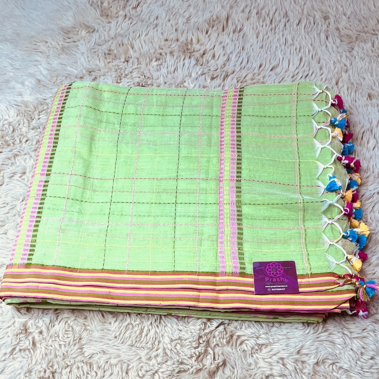 light green pure linen katha work saree