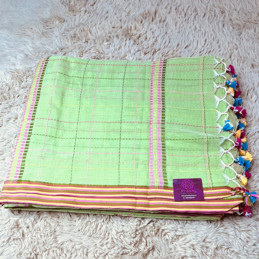 light green pure linen katha work saree