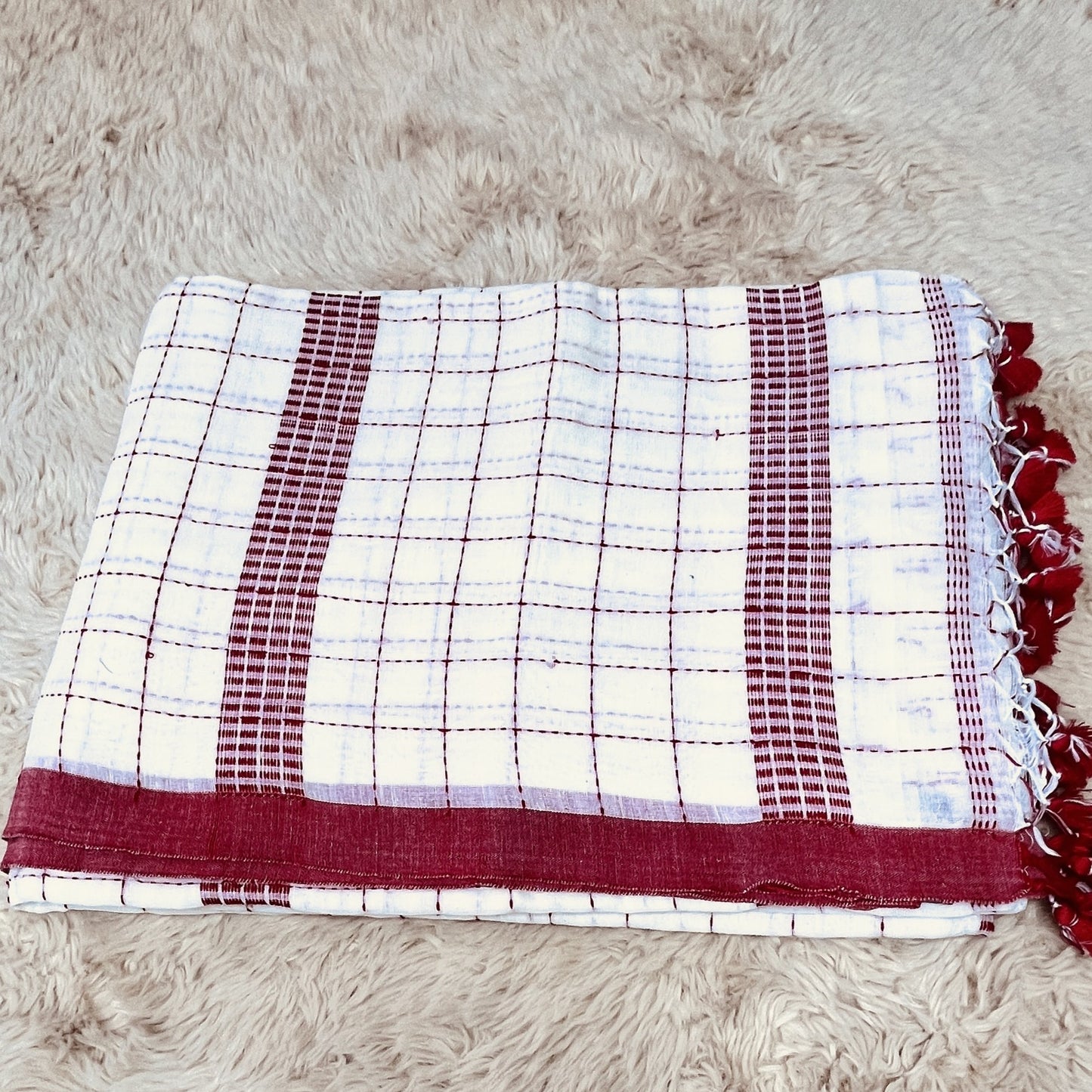 white and red pure linen katha work saree