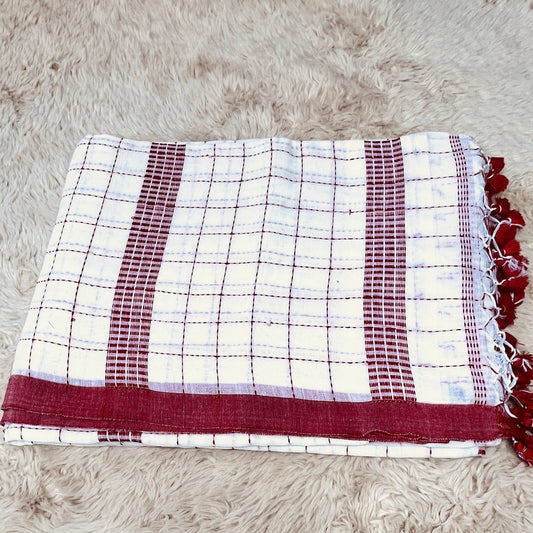 white and red pure linen katha work saree