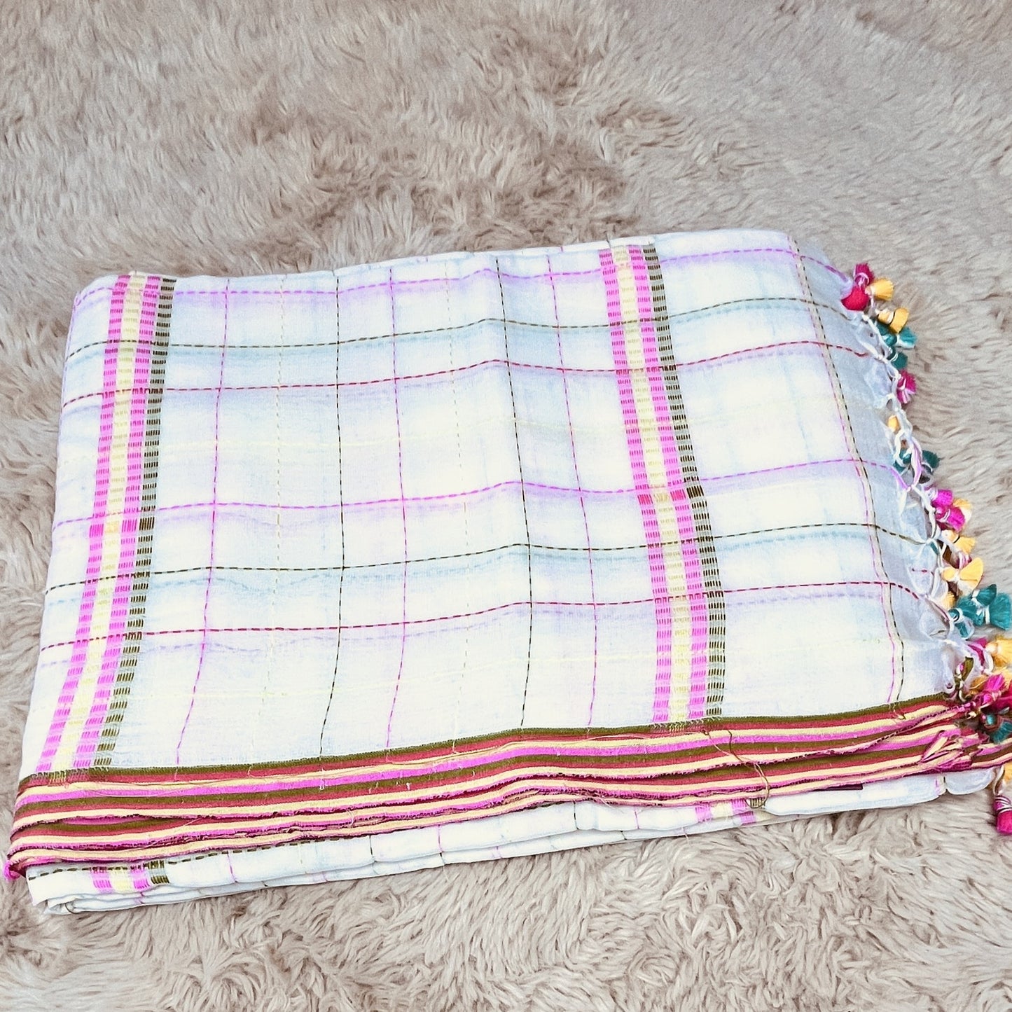 white pure linen katha work saree