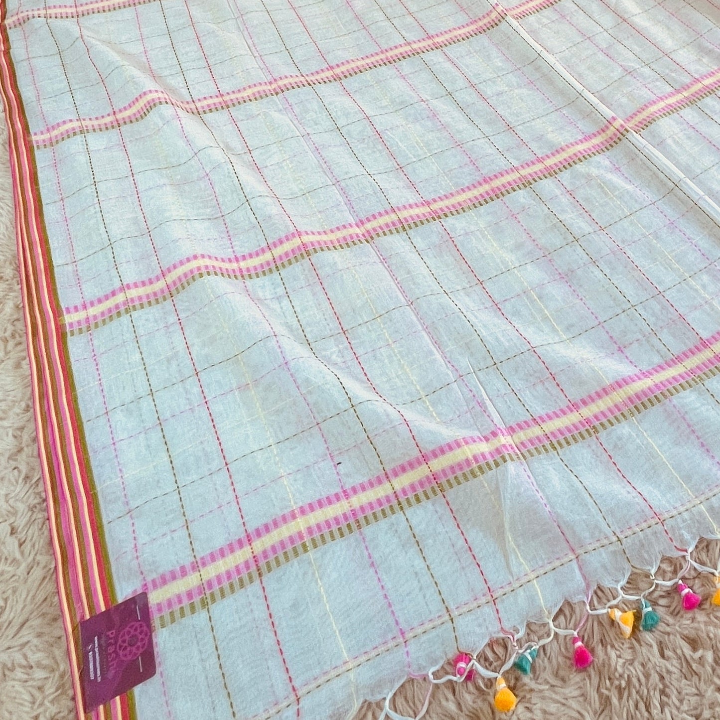 white pure linen katha work saree