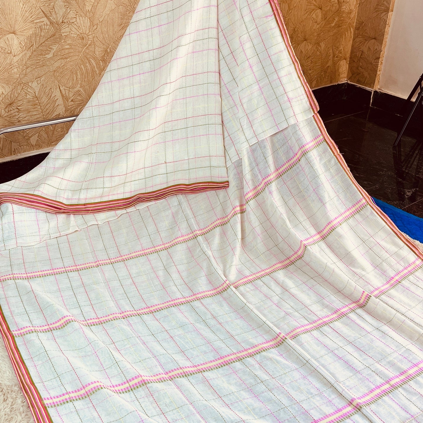white pure linen katha work saree