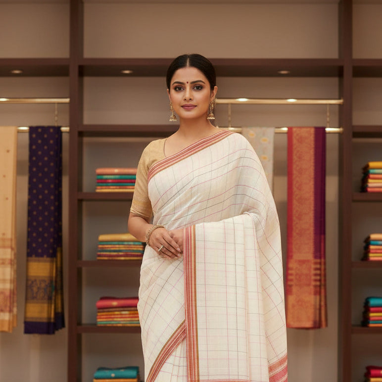 white pure linen katha work saree
