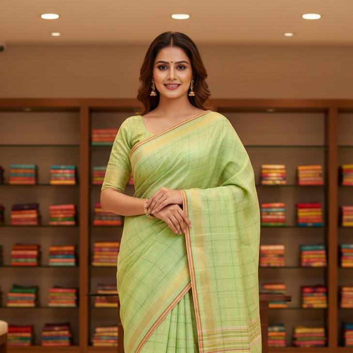 light green pure linen katha work saree