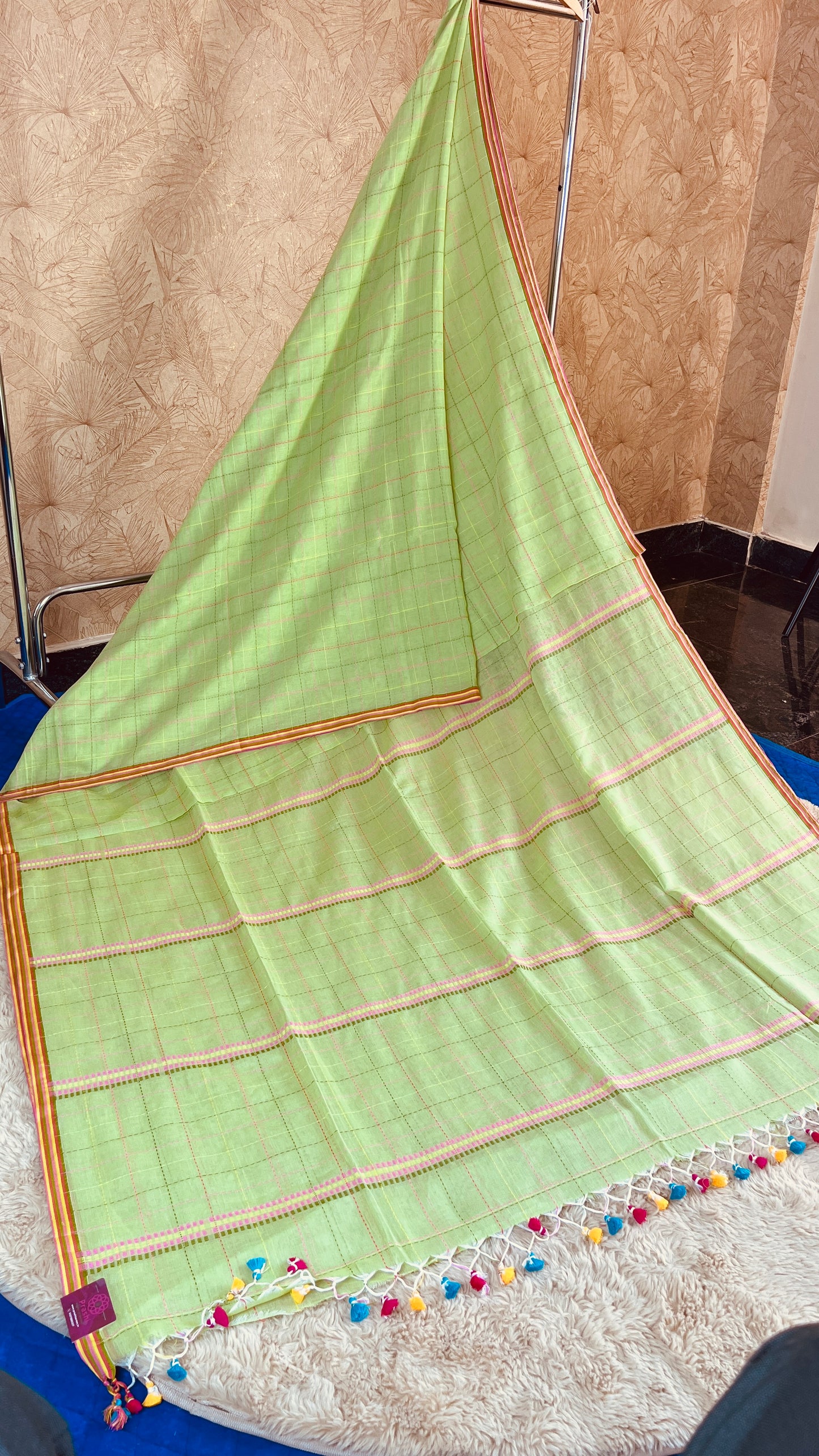 light green pure linen katha work saree