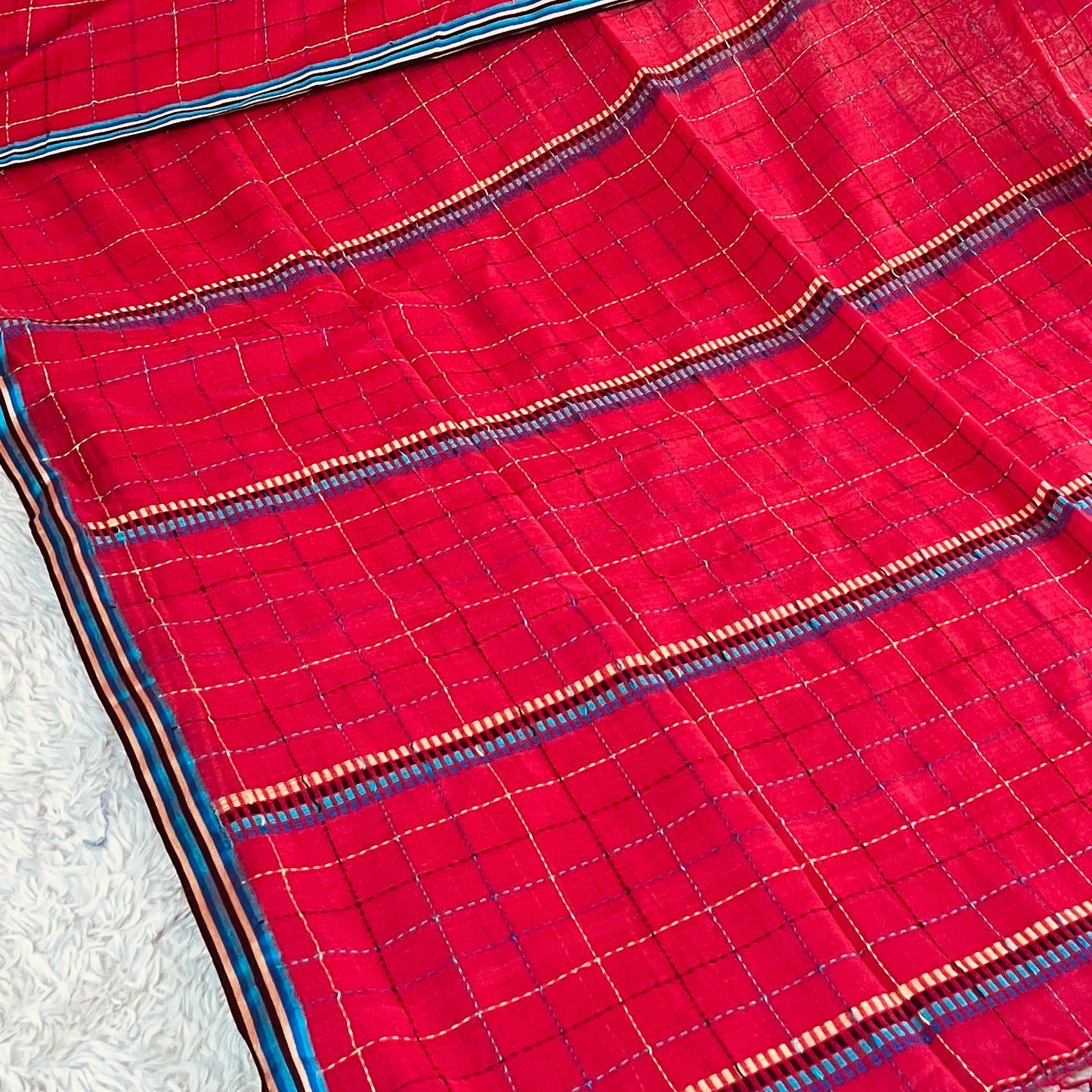 Red pure linen katha work saree