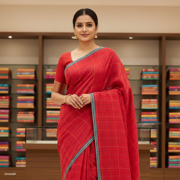 Red pure linen katha work saree