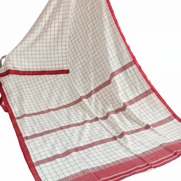 white and red pure linen katha work saree