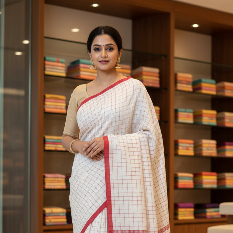 white and red pure linen katha work saree