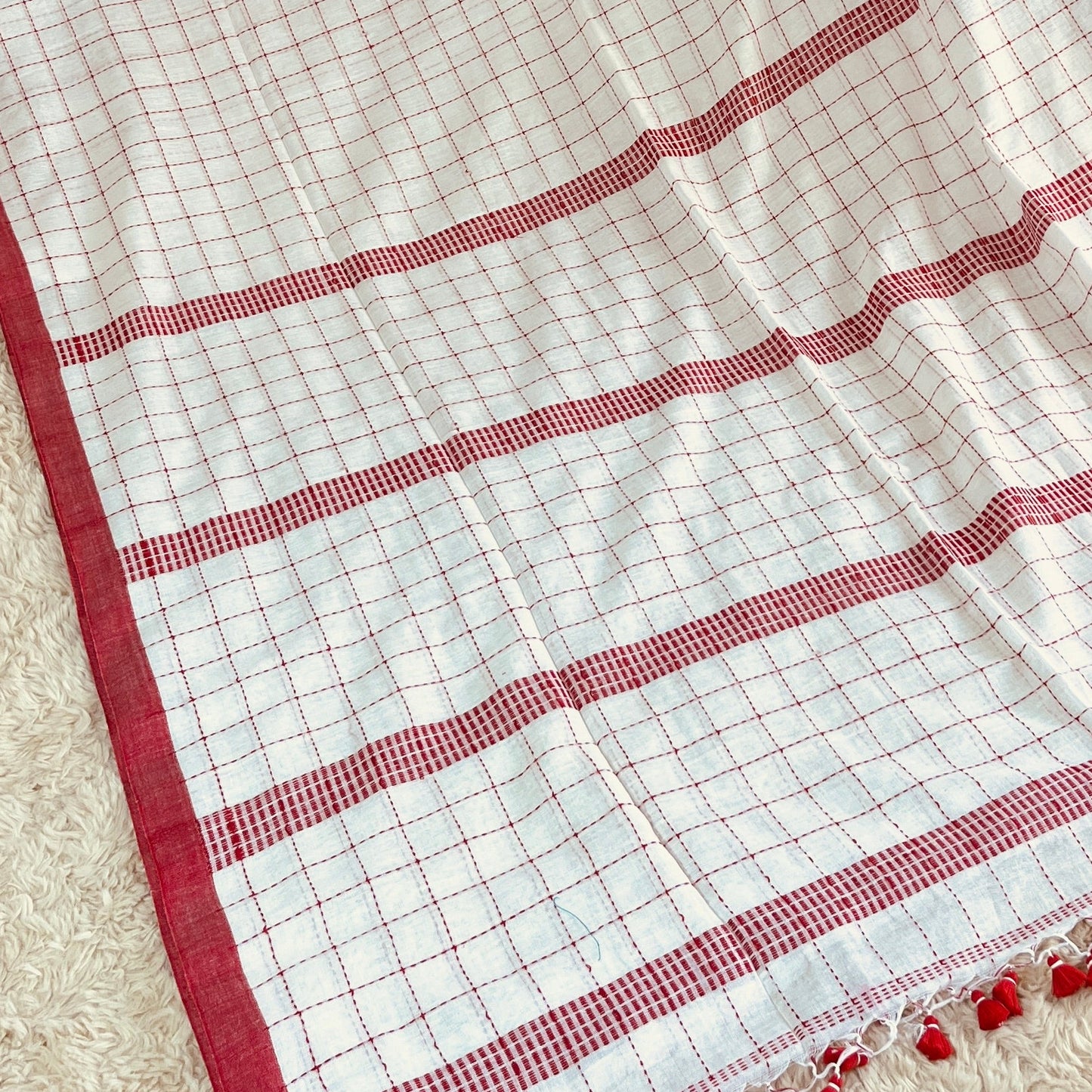 white and red pure linen katha work saree