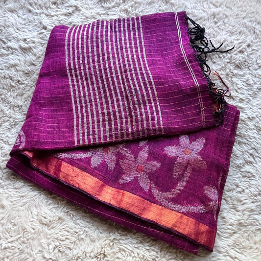 Magenta pink handloom pure linen jamdani saree