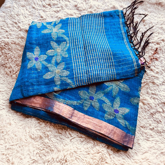 Blue handloom pure linen jamdani saree