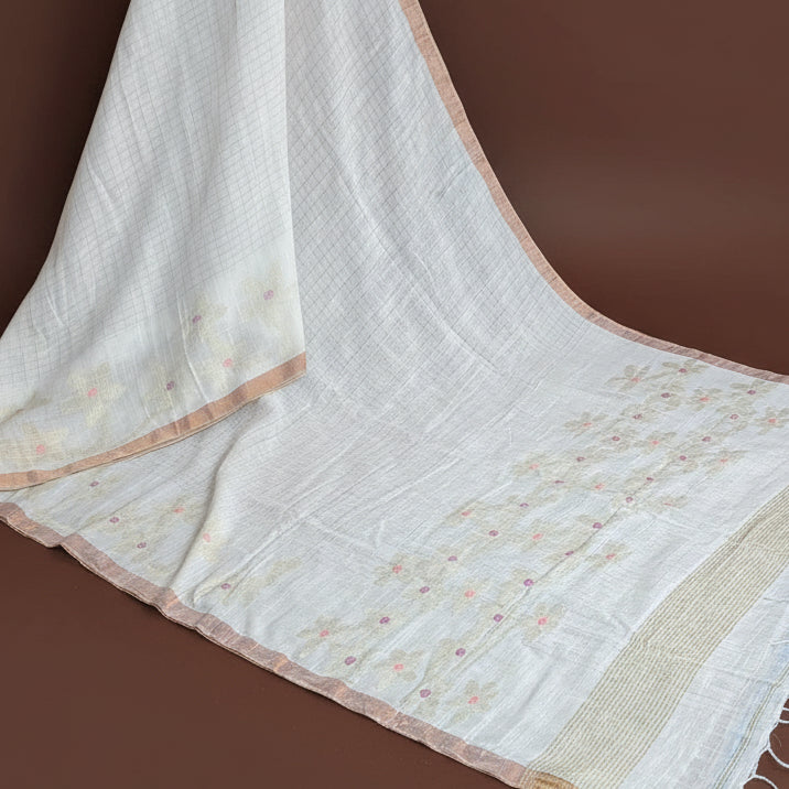 White handloom pure linen jamdani saree
