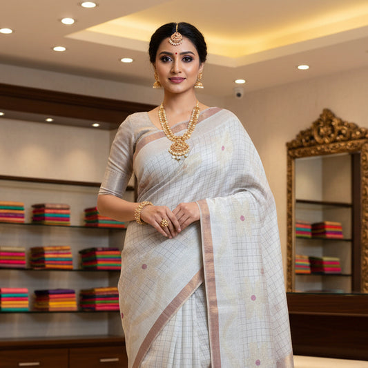White handloom pure linen jamdani saree