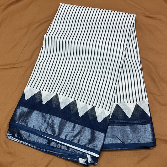 White and black pure linen handblock printed saree