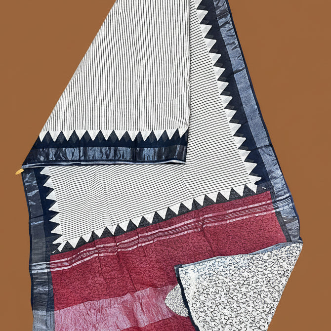 White and black pure linen handblock printed saree