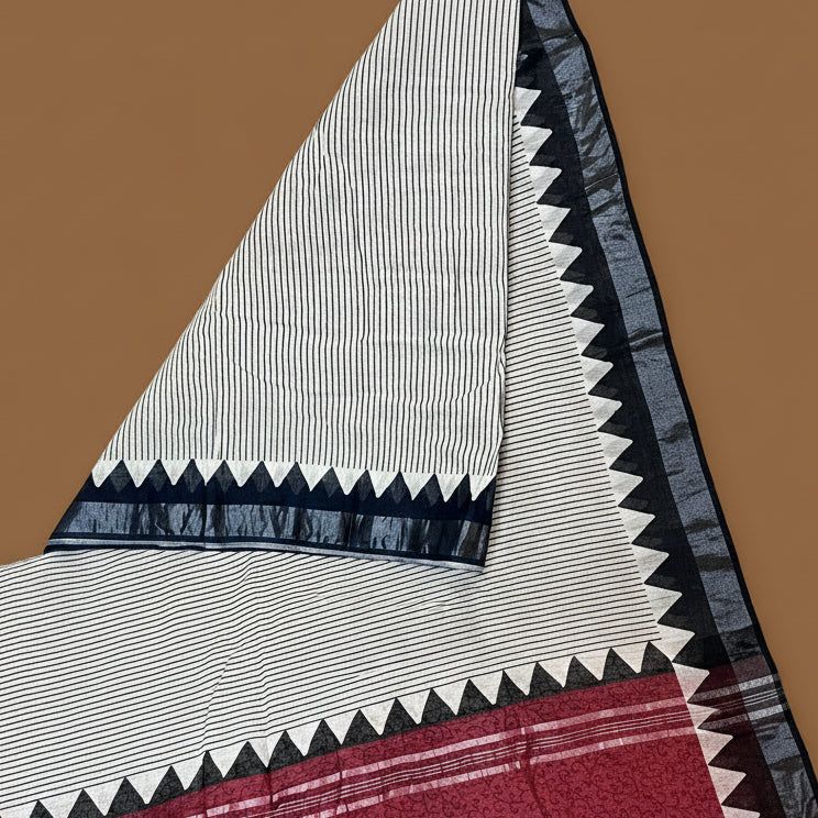 White and black pure linen handblock printed saree