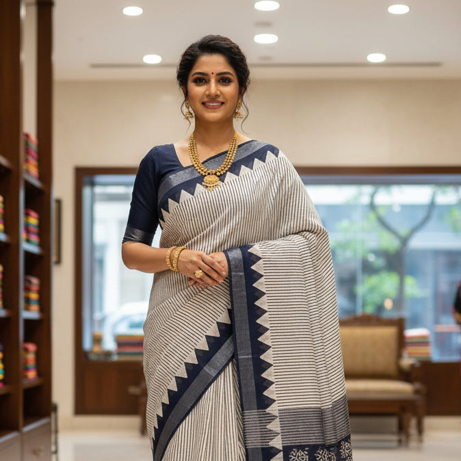 White and black pure linen handblock printed saree