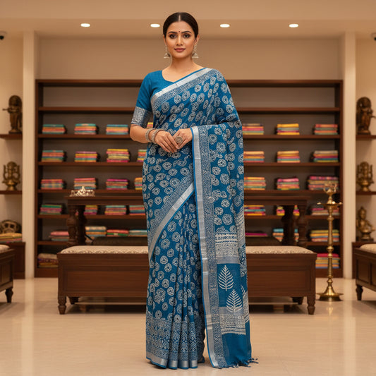 Blue pure linen handblock printed saree