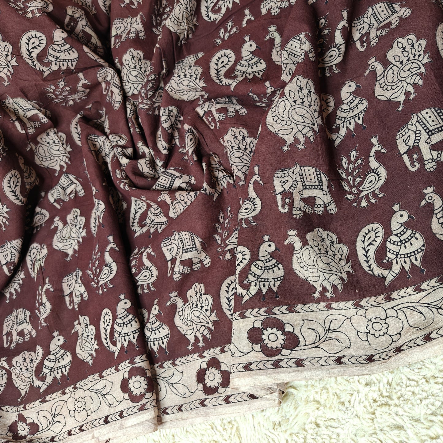 Dark Brown kalamkari mul cotton saree