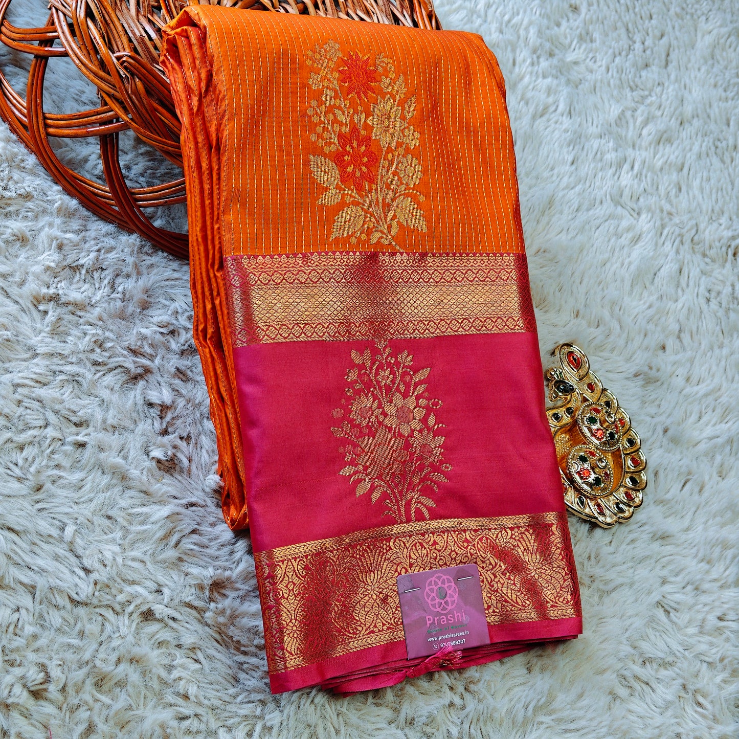 Orange semi kanchi butta saree