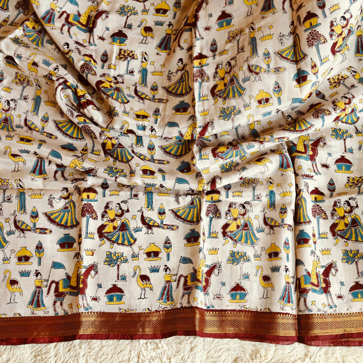 Half-white with red border kalamkari silk saree
