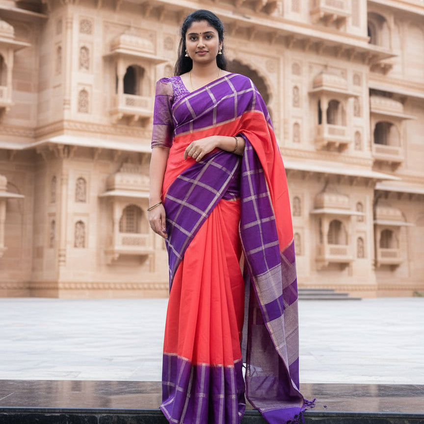 Orange muslin cotton saree with purple contrast