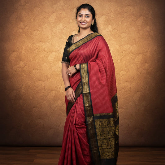 Brick red checks Kalyani cotton saree