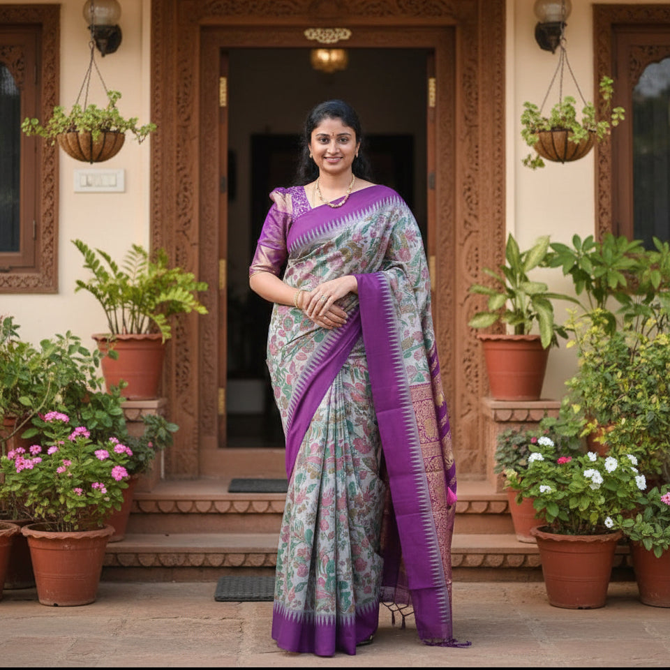 Grey kalyani cotton saree with digital print