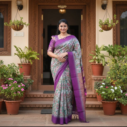 Grey kalyani cotton saree with digital print