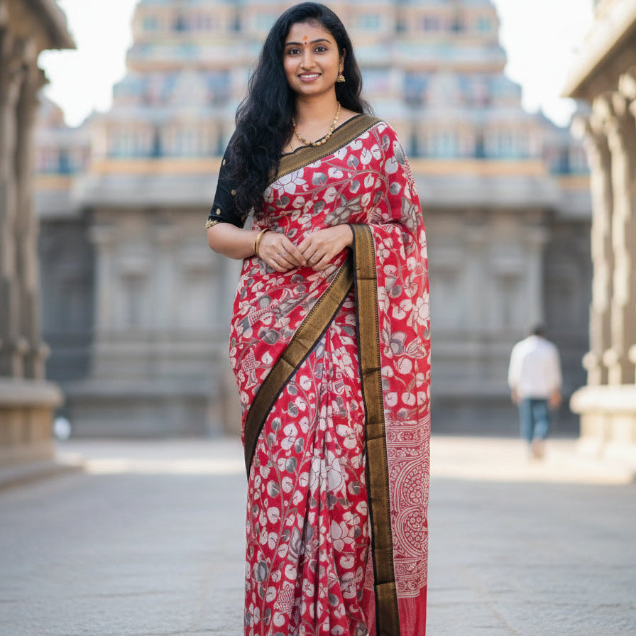 Red kalamkari nizam border silk saree