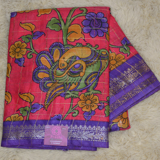Pink koria silk floral print border saree