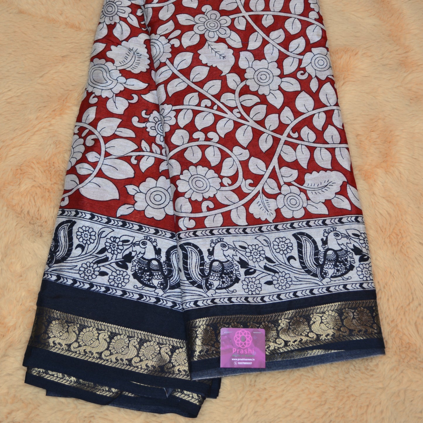 Red and black contrast kalamkari soft cotton saree