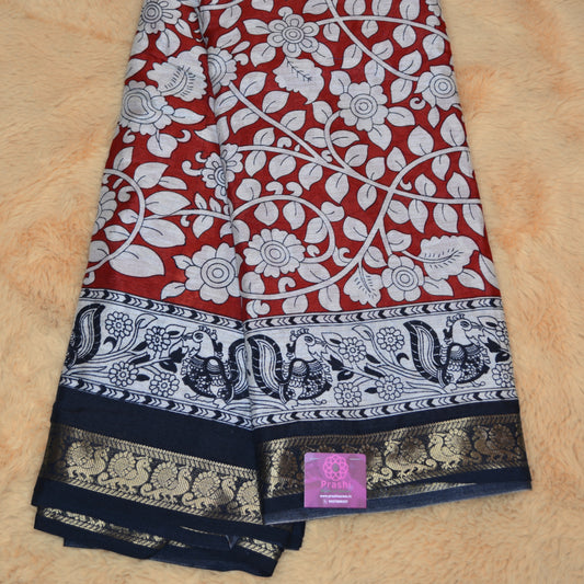 Red and black contrast kalamkari soft cotton saree