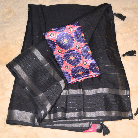 Black linen sequin work saree
