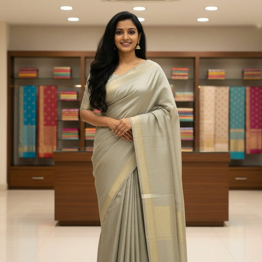 Grey moonga silk kalamkari blouse saree
