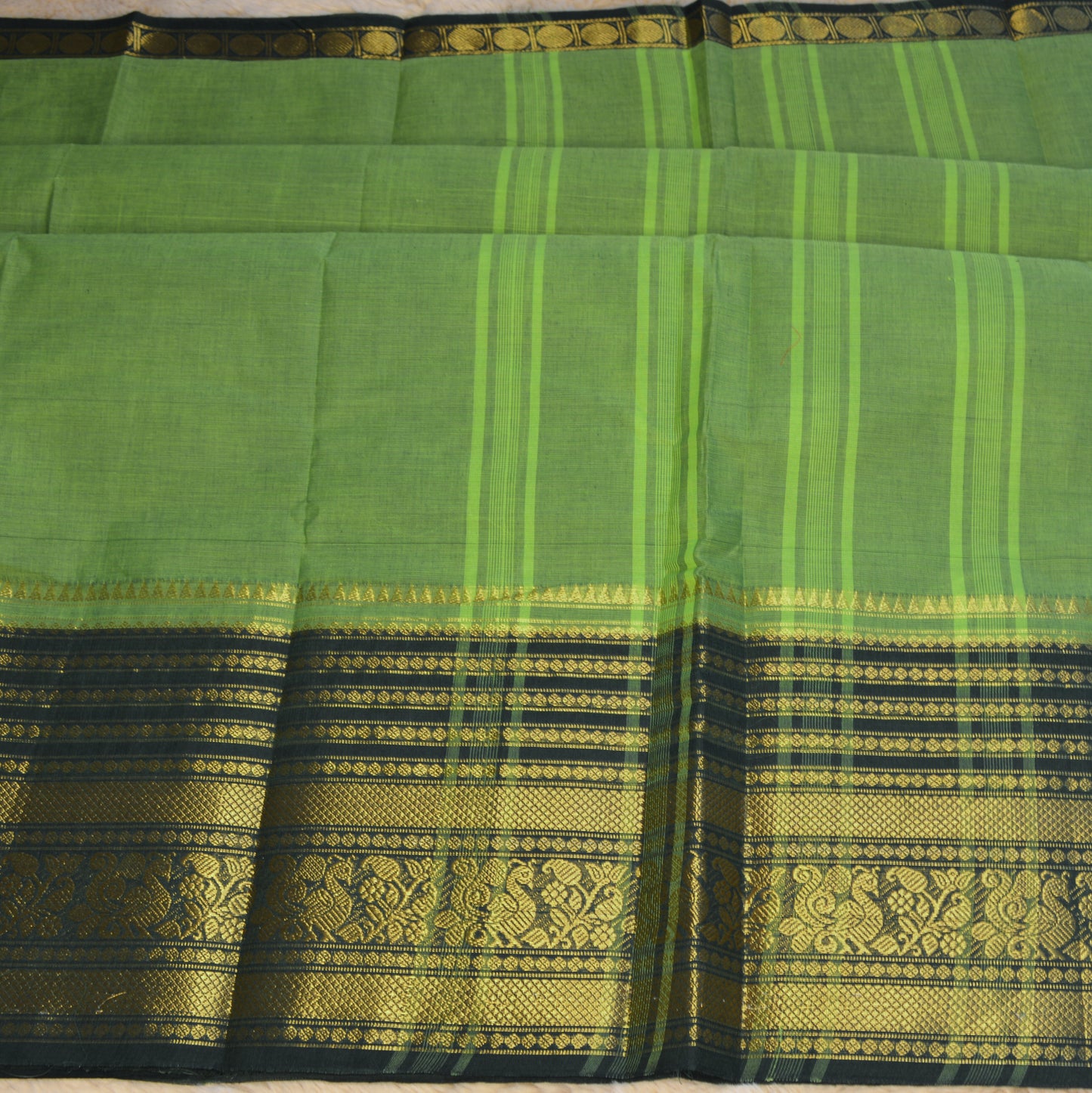 Green and black long border kanchi cotton saree