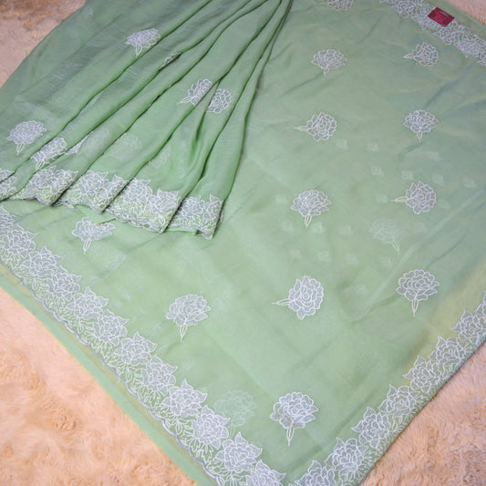 Pastel green crush chiffon floral embroidery saree