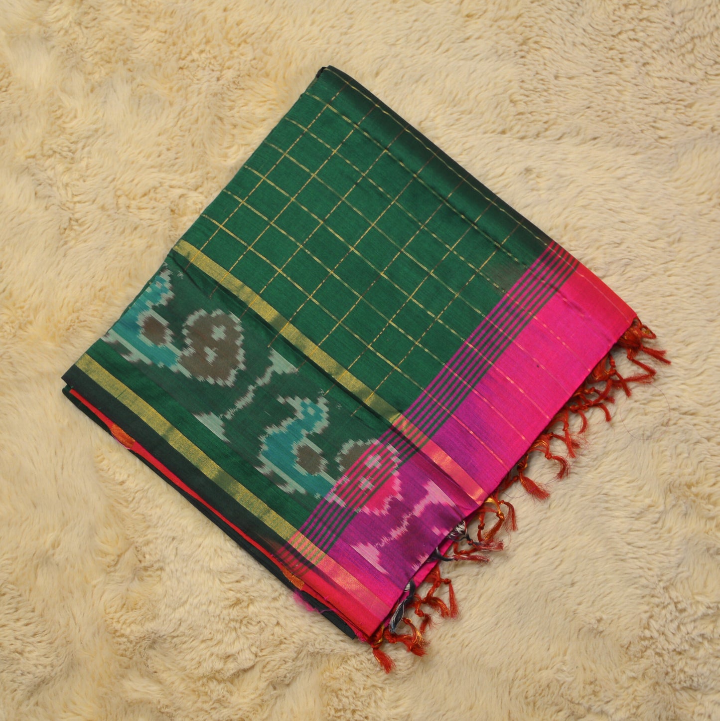 Bottle Green venkatagiri silk cotton checks saree