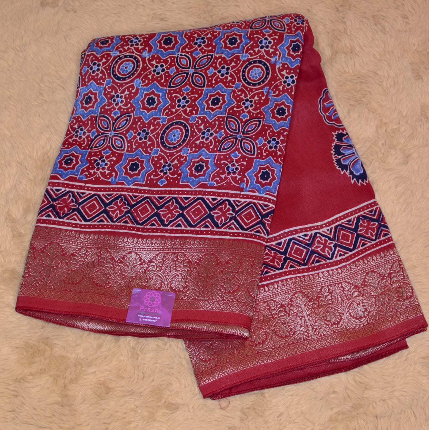 Red ajrakh handblock printed dola silk saree