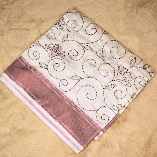 Half-white tussar saree with kantha embroidery