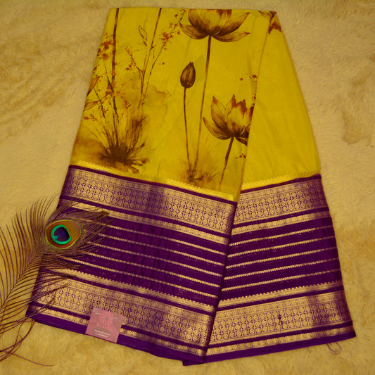 Yellow semi mysore crepe kalamkari print saree