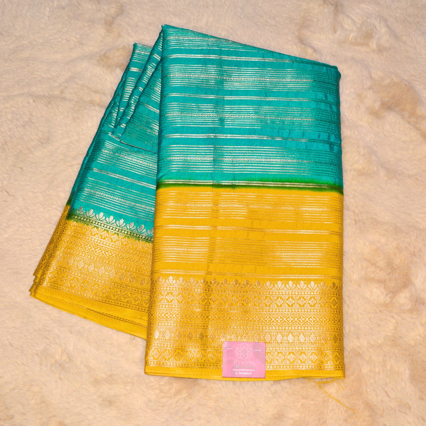 Rama green and yellow semi mysore crepe saree