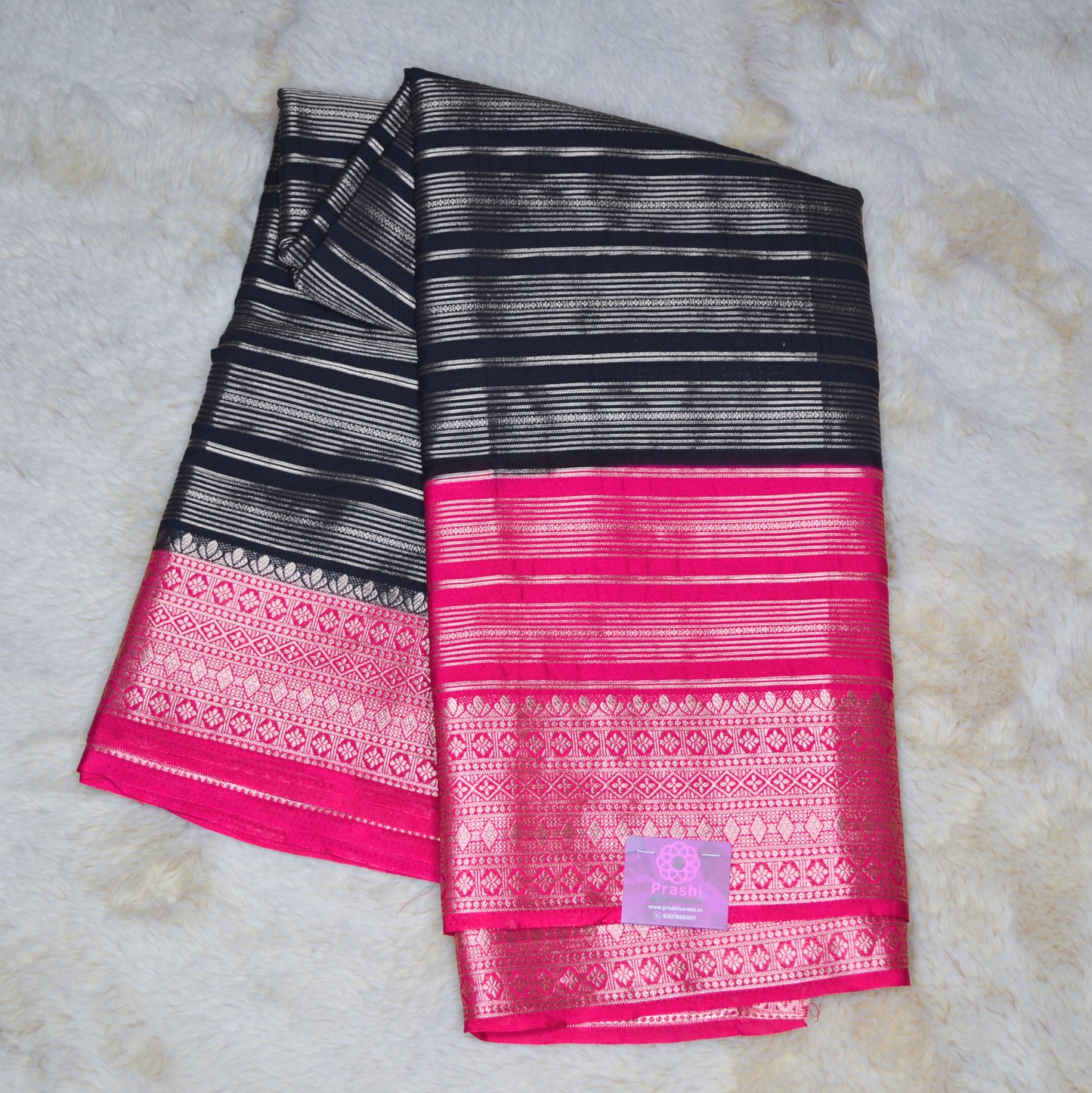 Black and pink semi mysore crepe zari lines