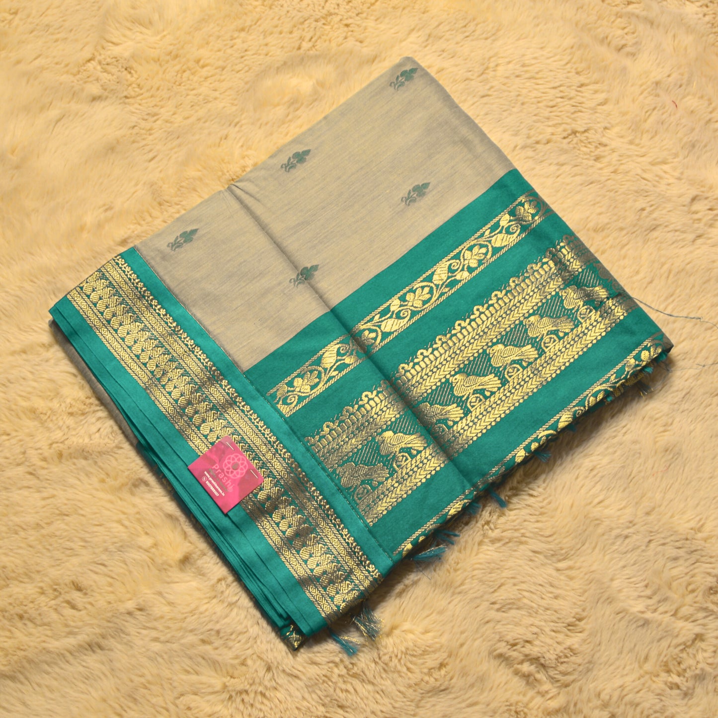 light beige with teal blue contrast kalyani cotton border saree